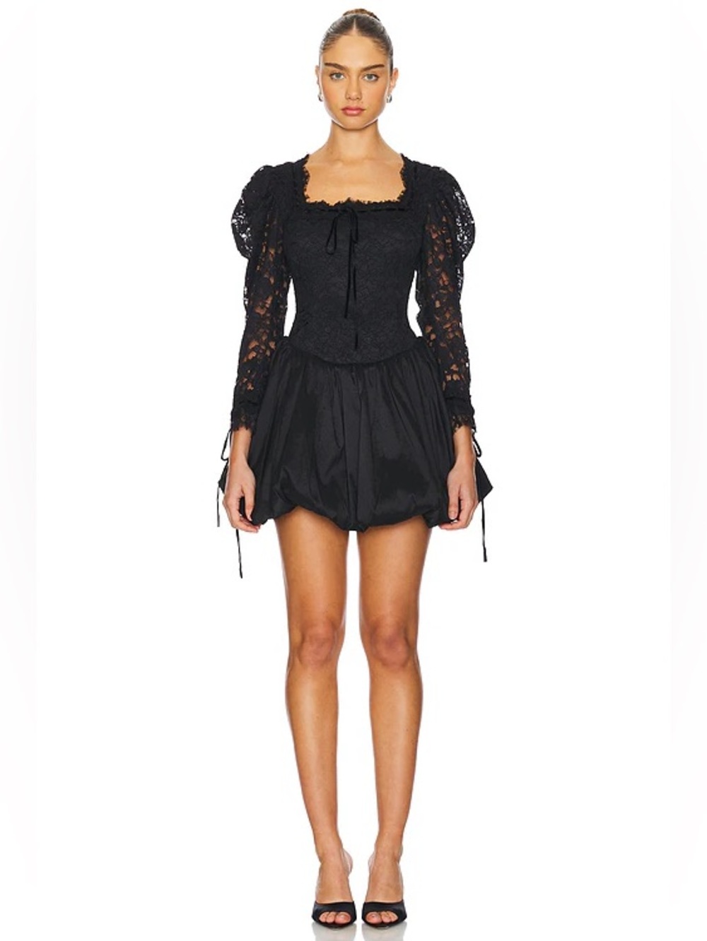 NWOT For Love And Lemons Black Lace Puff-Sleeve Bubble Mini Dress